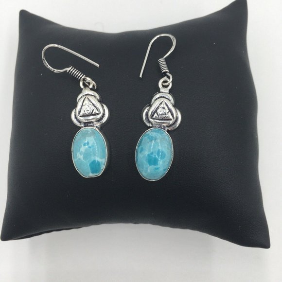 Gorgeous Blue Mosaic Jasper Cabochon 925 Sterling Pierced Dangle EARRINGS - NEW! - Picture 3 of 5